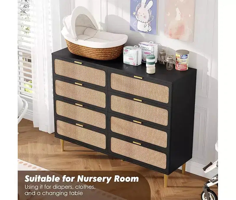 Commode en rotin avec 8 tiroirs, armoire haute moderne avec rangement profond, grande commode avec plateau large, longue commode en bois pour salon