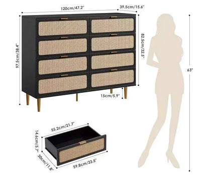 Commode en rotin avec 8 tiroirs, armoire haute moderne avec rangement profond, grande commode avec plateau large, longue commode en bois pour salon