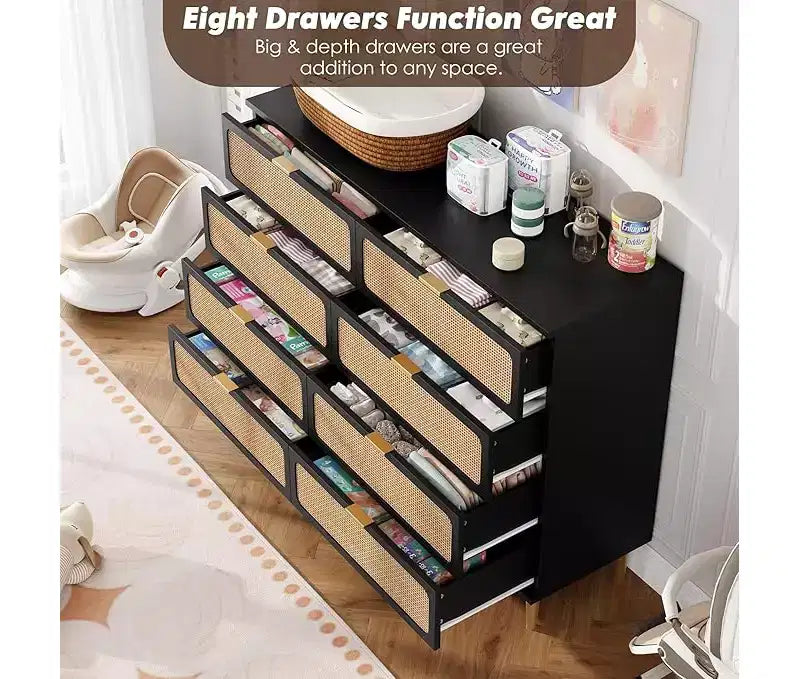 Commode en rotin avec 8 tiroirs, armoire haute moderne avec rangement profond, grande commode avec plateau large, longue commode en bois pour salon