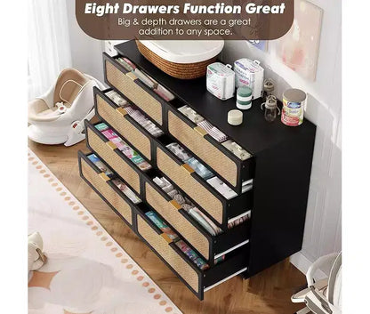 Commode en rotin avec 8 tiroirs, armoire haute moderne avec rangement profond, grande commode avec plateau large, longue commode en bois pour salon