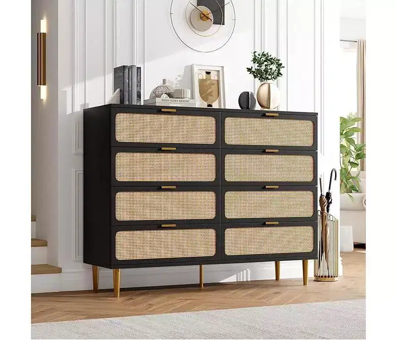 Commode en rotin avec 8 tiroirs, armoire haute moderne avec rangement profond, grande commode avec plateau large, longue commode en bois pour salon