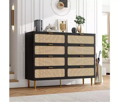 Commode en rotin avec 8 tiroirs, armoire haute moderne avec rangement profond, grande commode avec plateau large, longue commode en bois pour salon