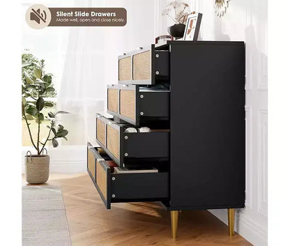 Commode en rotin avec 8 tiroirs, armoire haute moderne avec rangement profond, grande commode avec plateau large, longue commode en bois pour salon