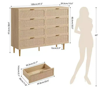 Commode en rotin avec 8 tiroirs, armoire haute moderne avec rangement profond, grande commode avec plateau large, longue commode en bois pour salon