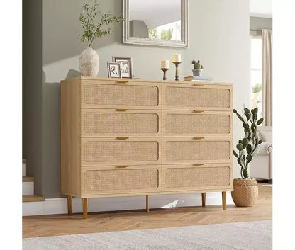 Commode en rotin avec 8 tiroirs, armoire haute moderne avec rangement profond, grande commode avec plateau large, longue commode en bois pour salon