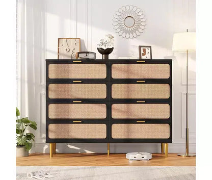 Rattan Dresser with 8 Drawers, Tall Modern Closet with Deep Storage, Large Chest of Drawers with Wide Top, Long Wooden Dresser for Living Room