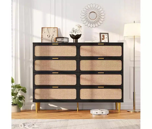 Rattan Dresser with 8 Drawers, Tall Modern Closet with Deep Storage, Large Chest of Drawers with Wide Top, Long Wooden Dresser for Living Room