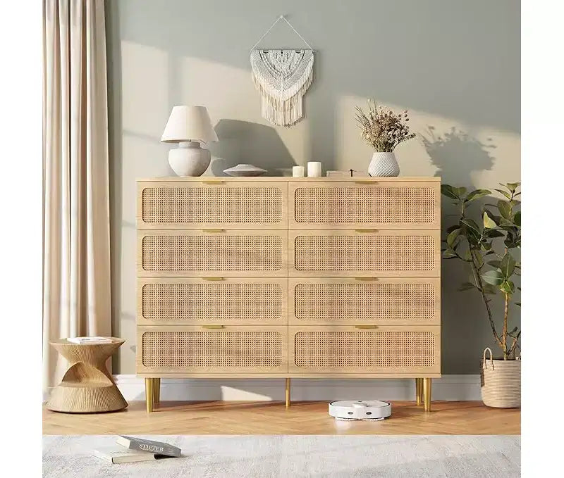 Commode en rotin avec 8 tiroirs, armoire haute moderne avec rangement profond, grande commode avec plateau large, longue commode en bois pour salon