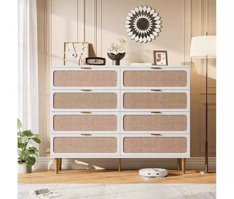 Commode en rotin avec 8 tiroirs, armoire haute moderne avec rangement profond, grande commode avec plateau large, longue commode en bois pour salon