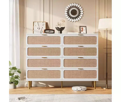 Commode en rotin avec 8 tiroirs, armoire haute moderne avec rangement profond, grande commode avec plateau large, longue commode en bois pour salon