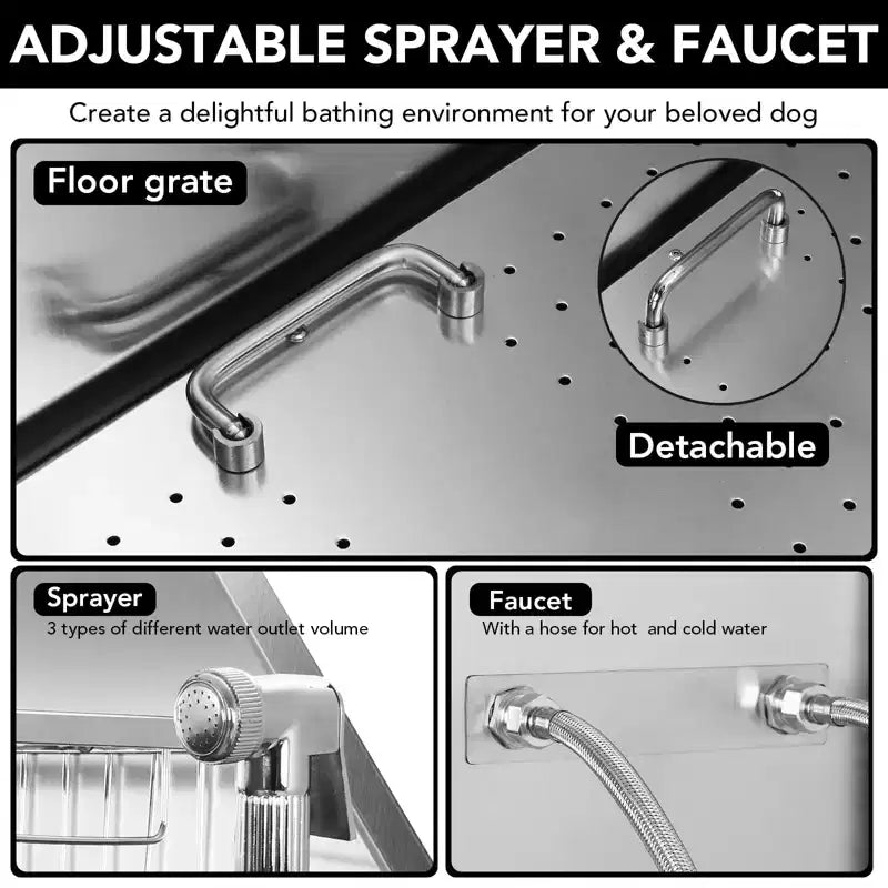 Baignoire pour chien, station de lavage pour chien en acier inoxydable de 127 cm – Baignoire de toilettage pour animaux de compagnie avec escalier, robinet, pommeau de douche, porte-savon, porte gauche