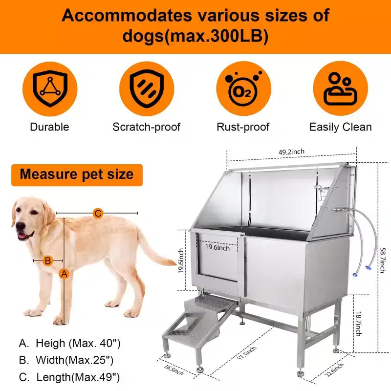 Baignoire pour chien, station de lavage pour chien en acier inoxydable de 127 cm – Baignoire de toilettage pour animaux de compagnie avec escalier, robinet, pommeau de douche, porte-savon, porte gauche