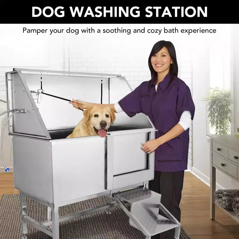Baignoire pour chien, station de lavage pour chien en acier inoxydable de 127 cm – Baignoire de toilettage pour animaux de compagnie avec escalier, robinet, pommeau de douche, porte-savon, porte gauche