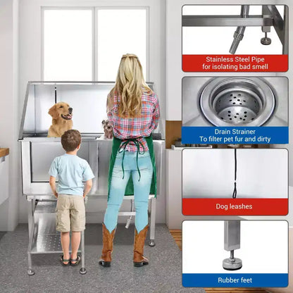 Baignoire pour chien, station de lavage pour chien en acier inoxydable de 127 cm – Baignoire de toilettage pour animaux de compagnie avec escalier, robinet, pommeau de douche, porte-savon, porte gauche