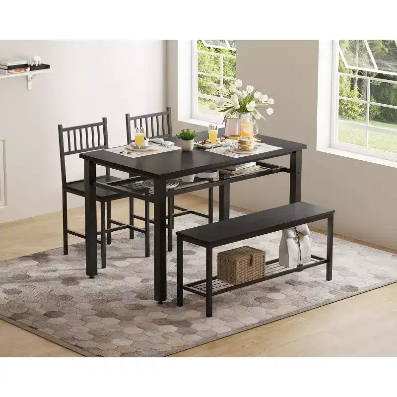 Ensemble de table à manger 4 pièces moderne avec banc de rangement et chaises, table de cuisine rectangulaire de 119 cm pour appartements – Montage facile et gain de place
