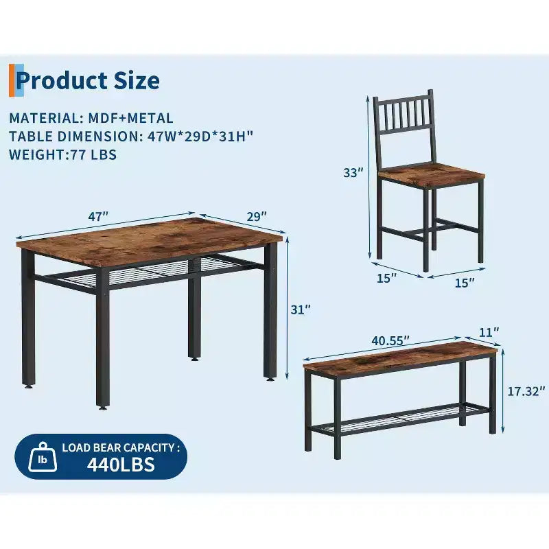 Ensemble de table à manger 4 pièces moderne avec banc de rangement et chaises, table de cuisine rectangulaire de 119 cm pour appartements – Montage facile et gain de place