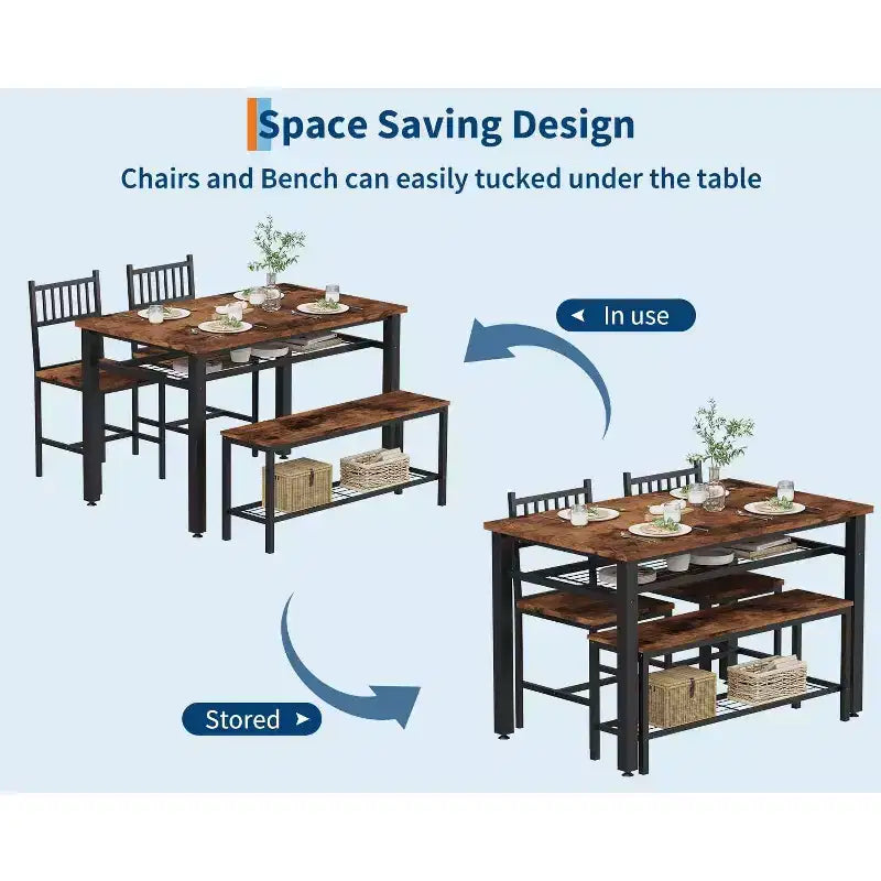 Ensemble de table à manger 4 pièces moderne avec banc de rangement et chaises, table de cuisine rectangulaire de 119 cm pour appartements – Montage facile et gain de place