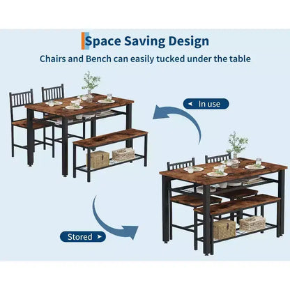 Ensemble de table à manger 4 pièces moderne avec banc de rangement et chaises, table de cuisine rectangulaire de 119 cm pour appartements – Montage facile et gain de place