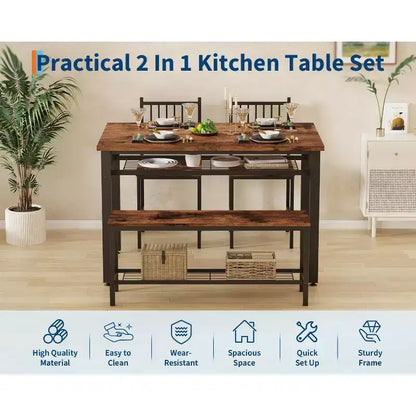 Ensemble de table à manger 4 pièces moderne avec banc de rangement et chaises, table de cuisine rectangulaire de 119 cm pour appartements – Montage facile et gain de place