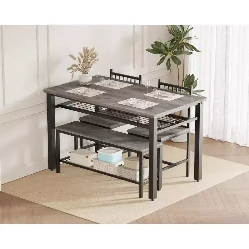 Ensemble de table à manger 4 pièces moderne avec banc de rangement et chaises, table de cuisine rectangulaire de 119 cm pour appartements – Montage facile et gain de place
