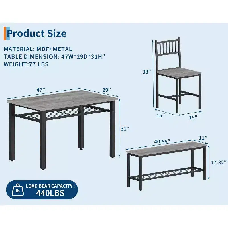 Ensemble de table à manger 4 pièces moderne avec banc de rangement et chaises, table de cuisine rectangulaire de 119 cm pour appartements – Montage facile et gain de place