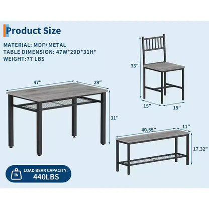Ensemble de table à manger 4 pièces moderne avec banc de rangement et chaises, table de cuisine rectangulaire de 119 cm pour appartements – Montage facile et gain de place