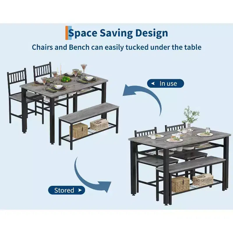 Ensemble de table à manger 4 pièces moderne avec banc de rangement et chaises, table de cuisine rectangulaire de 119 cm pour appartements – Montage facile et gain de place