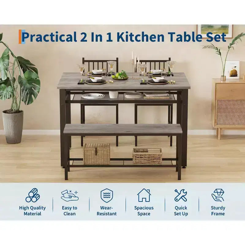 Ensemble de table à manger 4 pièces moderne avec banc de rangement et chaises, table de cuisine rectangulaire de 119 cm pour appartements – Montage facile et gain de place