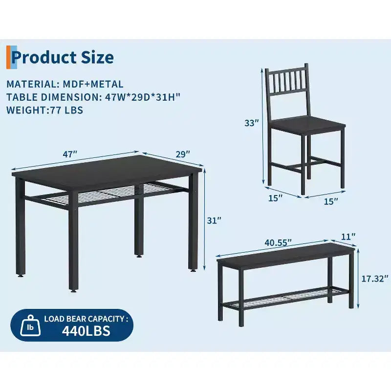 Ensemble de table à manger 4 pièces moderne avec banc de rangement et chaises, table de cuisine rectangulaire de 119 cm pour appartements – Montage facile et gain de place