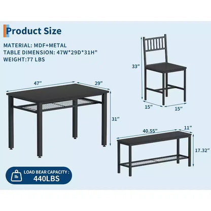 Ensemble de table à manger 4 pièces moderne avec banc de rangement et chaises, table de cuisine rectangulaire de 119 cm pour appartements – Montage facile et gain de place
