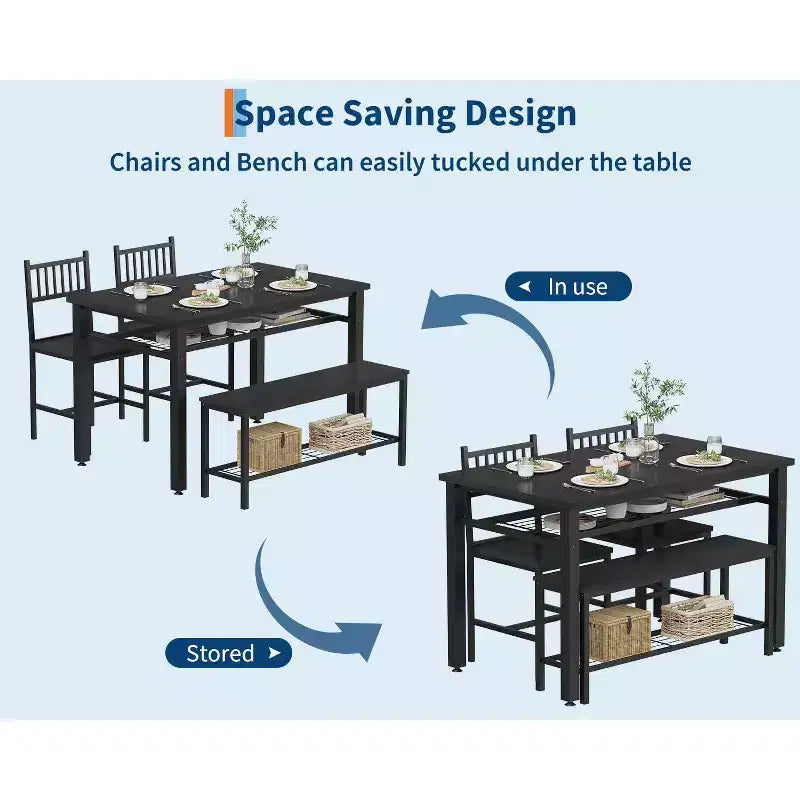 Ensemble de table à manger 4 pièces moderne avec banc de rangement et chaises, table de cuisine rectangulaire de 119 cm pour appartements – Montage facile et gain de place
