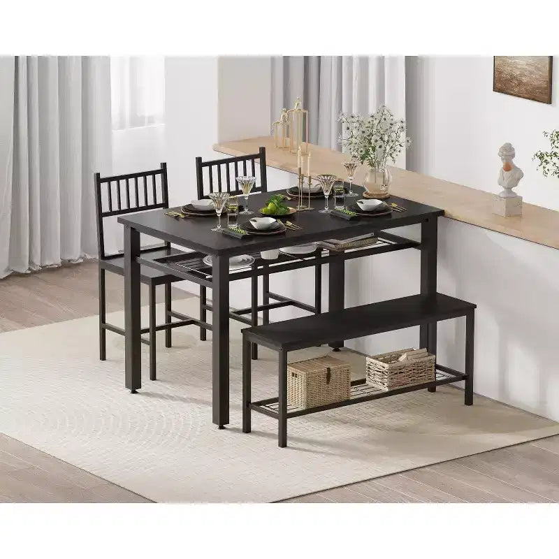 Modern 4-Piece Dining Table Set with Storage Bench & Chairs, 47 Rectangular Kitchen Table for Apartments - Easy Assembly & Space-Saving