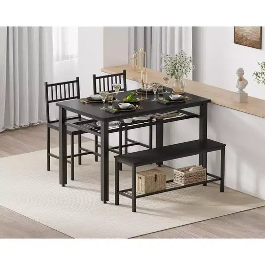 Modern 4-Piece Dining Table Set with Storage Bench & Chairs, 47 Rectangular Kitchen Table for Apartments - Easy Assembly & Space-Saving