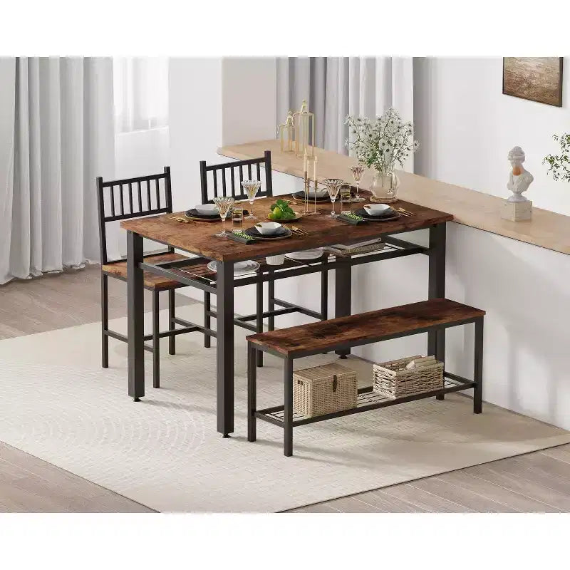 Ensemble de table à manger 4 pièces moderne avec banc de rangement et chaises, table de cuisine rectangulaire de 119 cm pour appartements – Montage facile et gain de place