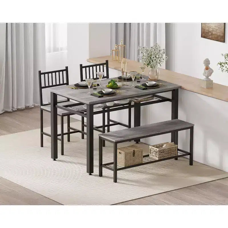 Ensemble de table à manger 4 pièces moderne avec banc de rangement et chaises, table de cuisine rectangulaire de 119 cm pour appartements – Montage facile et gain de place