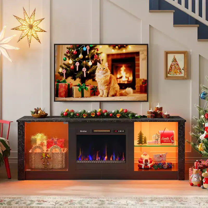 Meuble TV cheminée Bestier 63" pour téléviseurs jusqu'à 70", meuble TV LED avec étagères de rangement et armoire, console média avec chauffage télécommandé