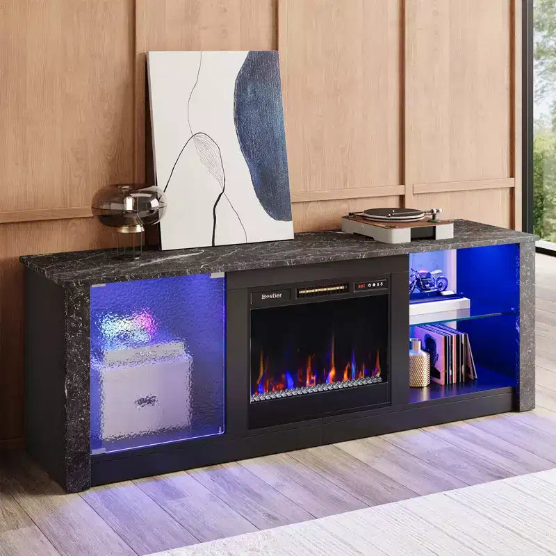 Meuble TV cheminée Bestier 63" pour téléviseurs jusqu'à 70", meuble TV LED avec étagères de rangement et armoire, console média avec chauffage télécommandé