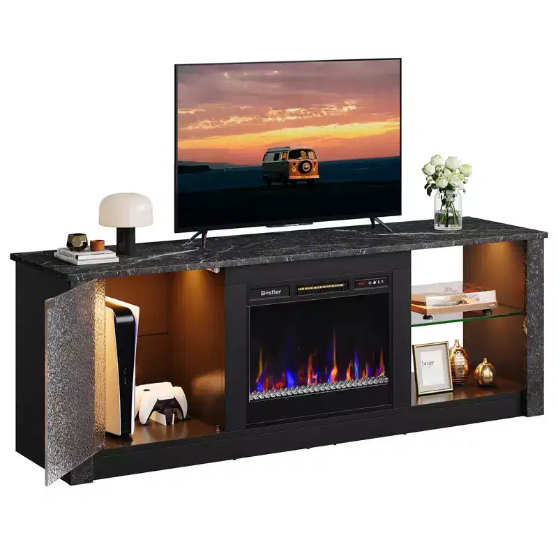 Meuble TV cheminée Bestier 63" pour téléviseurs jusqu'à 70", meuble TV LED avec étagères de rangement et armoire, console média avec chauffage télécommandé
