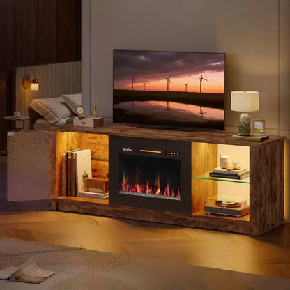 Meuble TV cheminée Bestier 63" pour téléviseurs jusqu'à 70", meuble TV LED avec étagères de rangement et armoire, console média avec chauffage télécommandé