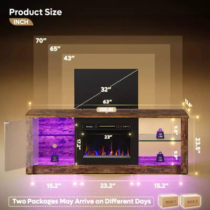 Meuble TV cheminée Bestier 63" pour téléviseurs jusqu'à 70", meuble TV LED avec étagères de rangement et armoire, console média avec chauffage télécommandé
