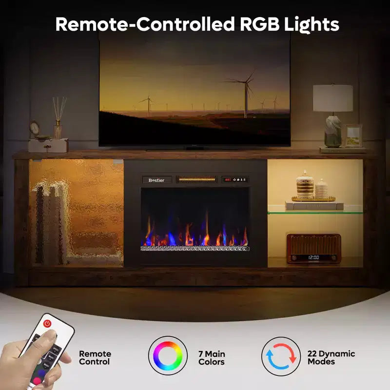 Meuble TV cheminée Bestier 63" pour téléviseurs jusqu'à 70", meuble TV LED avec étagères de rangement et armoire, console média avec chauffage télécommandé