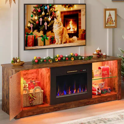 Meuble TV cheminée Bestier 63" pour téléviseurs jusqu'à 70", meuble TV LED avec étagères de rangement et armoire, console média avec chauffage télécommandé