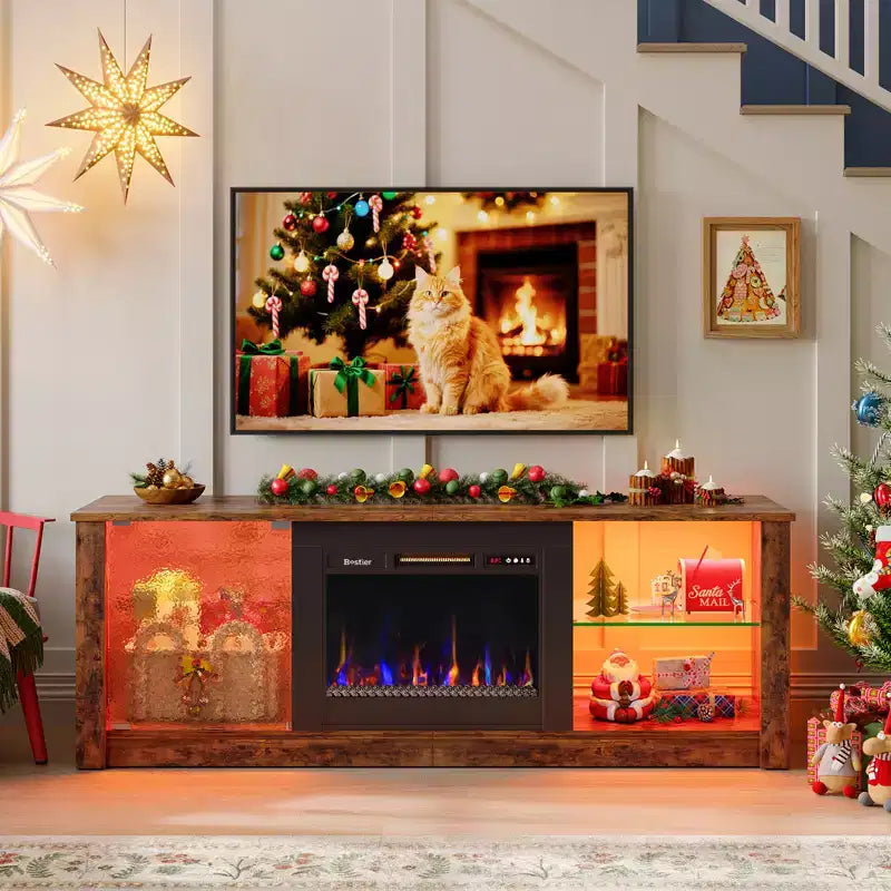 Meuble TV cheminée Bestier 63" pour téléviseurs jusqu'à 70", meuble TV LED avec étagères de rangement et armoire, console média avec chauffage télécommandé