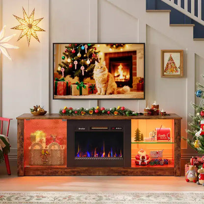 Meuble TV cheminée Bestier 63" pour téléviseurs jusqu'à 70", meuble TV LED avec étagères de rangement et armoire, console média avec chauffage télécommandé