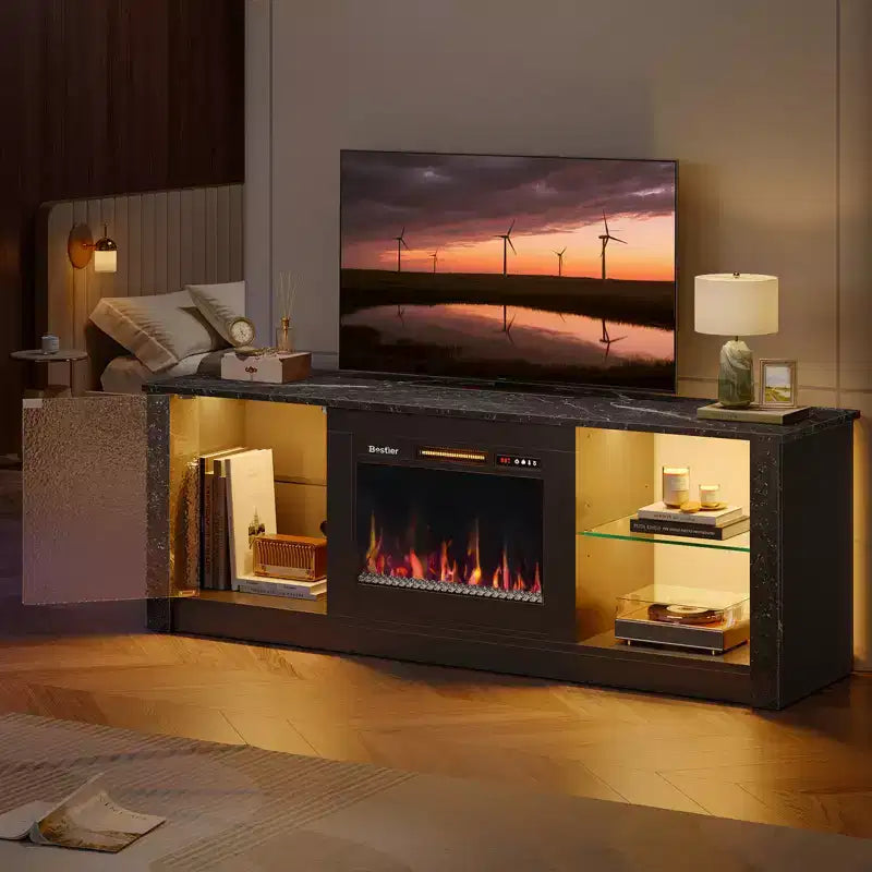 Meuble TV cheminée Bestier 63" pour téléviseurs jusqu'à 70", meuble TV LED avec étagères de rangement et armoire, console média avec chauffage télécommandé