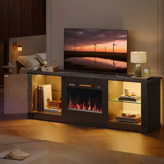 Meuble TV cheminée Bestier 63" pour téléviseurs jusqu'à 70", meuble TV LED avec étagères de rangement et armoire, console média avec chauffage télécommandé