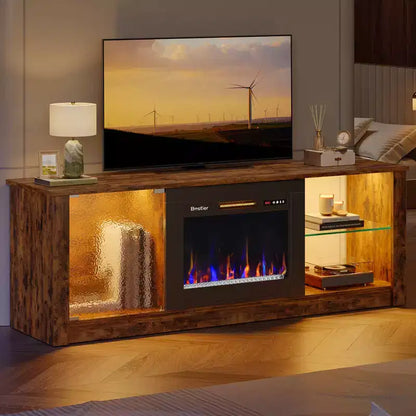 Meuble TV cheminée Bestier 63" pour téléviseurs jusqu'à 70", meuble TV LED avec étagères de rangement et armoire, console média avec chauffage télécommandé