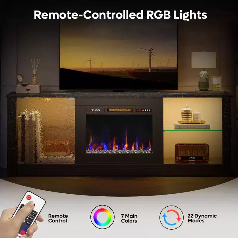 Meuble TV cheminée Bestier 63" pour téléviseurs jusqu'à 70", meuble TV LED avec étagères de rangement et armoire, console média avec chauffage télécommandé