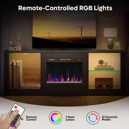 Meuble TV cheminée Bestier 63" pour téléviseurs jusqu'à 70", meuble TV LED avec étagères de rangement et armoire, console média avec chauffage télécommandé