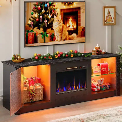 Meuble TV cheminée Bestier 63" pour téléviseurs jusqu'à 70", meuble TV LED avec étagères de rangement et armoire, console média avec chauffage télécommandé
